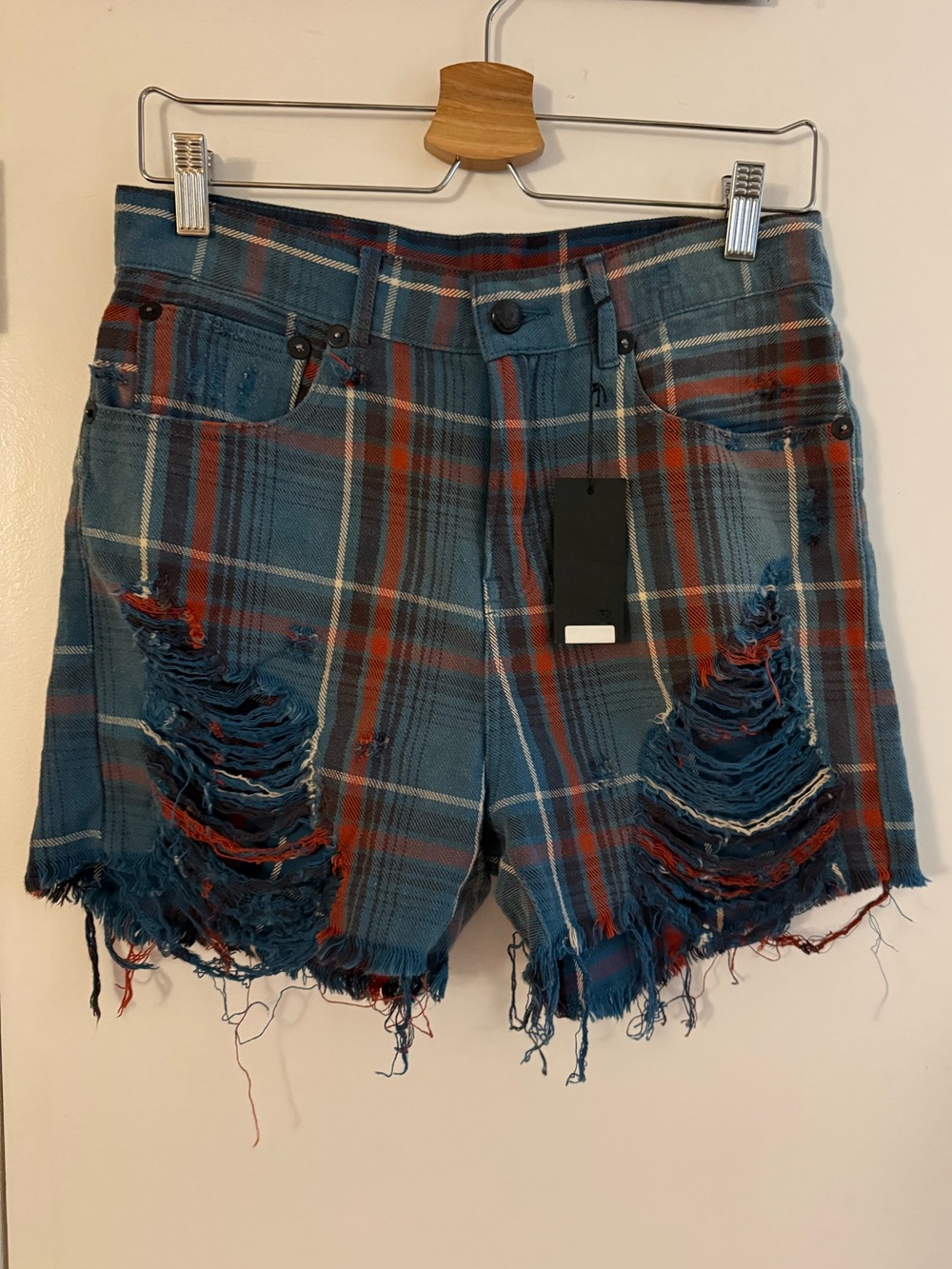 R13 Shredded Slouch Shorts Navy Plaid Distressed Cutoff